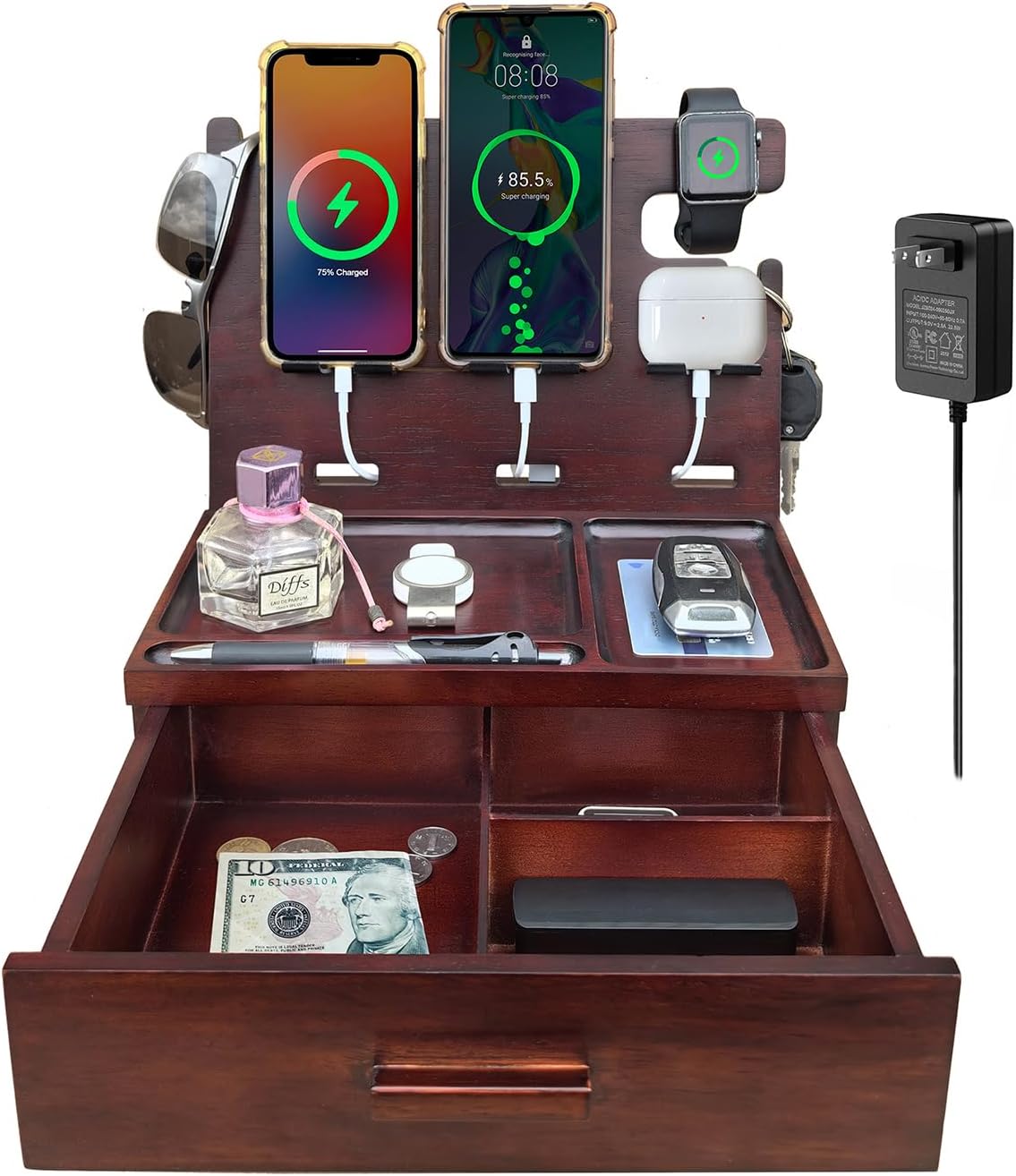 Wood Phone Docking Station with Drawer Nightstand Organizer for Men Dual Phone Charging Station for iPhone Samsung Google Desk Organizers Anniversary Birthday Gifts for Men Dad Him Husband