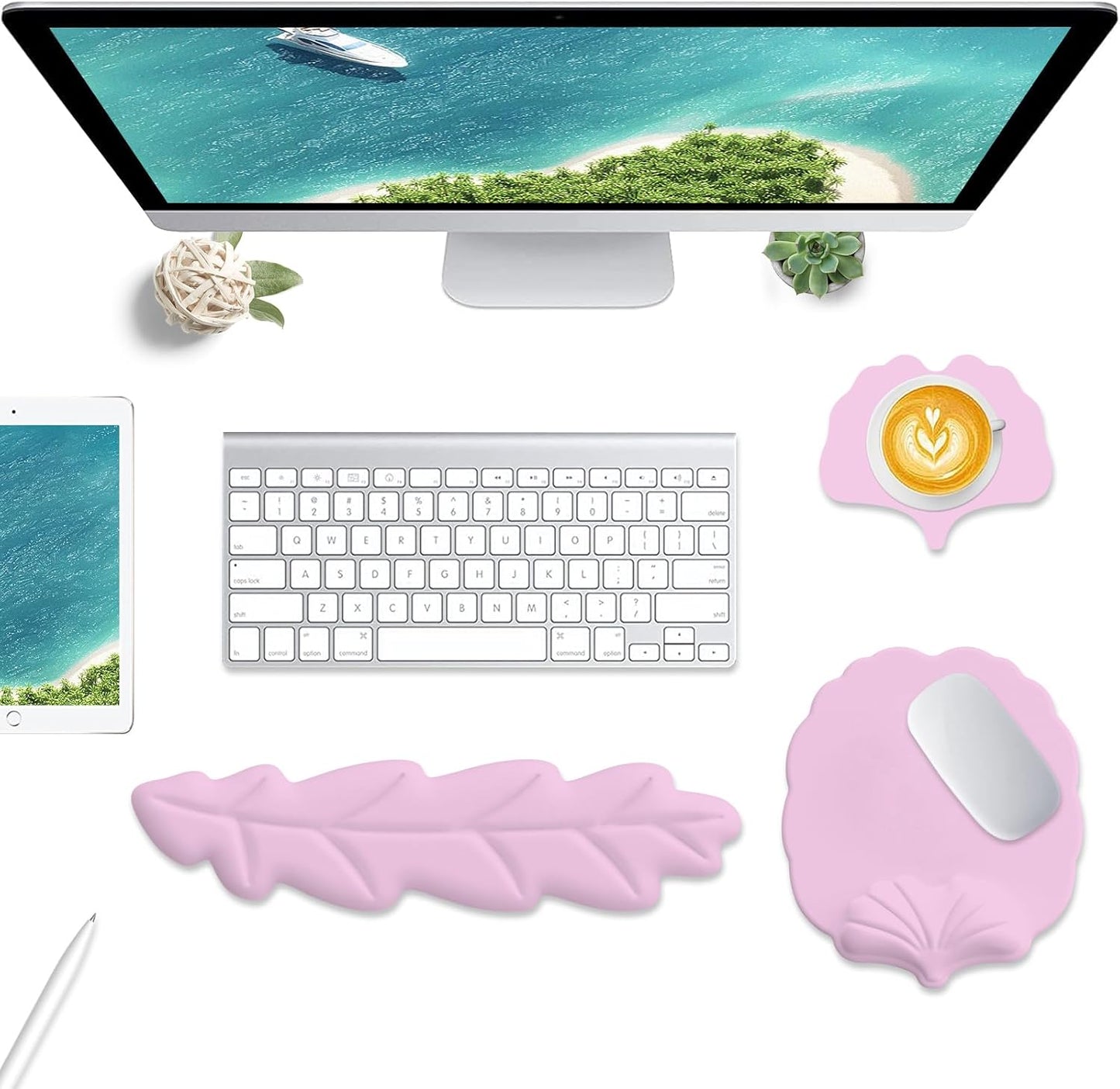 Keyboard Wrist Rest and Mouse Pad with Wrist Support Set, Ergonomic Leaf Shape Mouse Pad with Non-Slip Base, Pain Relief Memory Foam Mousepad for Computer,Laptop,Home Office, Green