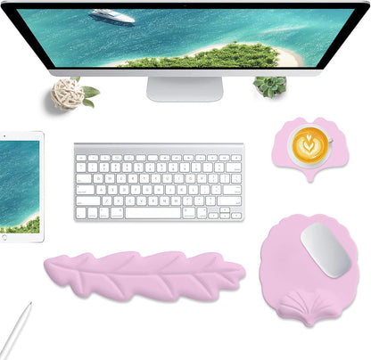 Keyboard Wrist Rest and Mouse Pad with Wrist Support Set, Ergonomic Leaf Shape Mouse Pad with Non-Slip Base, Pain Relief Memory Foam Mousepad for Computer,Laptop,Home Office, Green