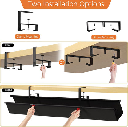 Under Desk Cable Management Tray - 36" Cord Organizer for Desk No Drill, Fabric Under Table Wire Organizer with 16X Cable Ties Hide for Office/Home, Cord Hider Fits Adapters & Sockets, White