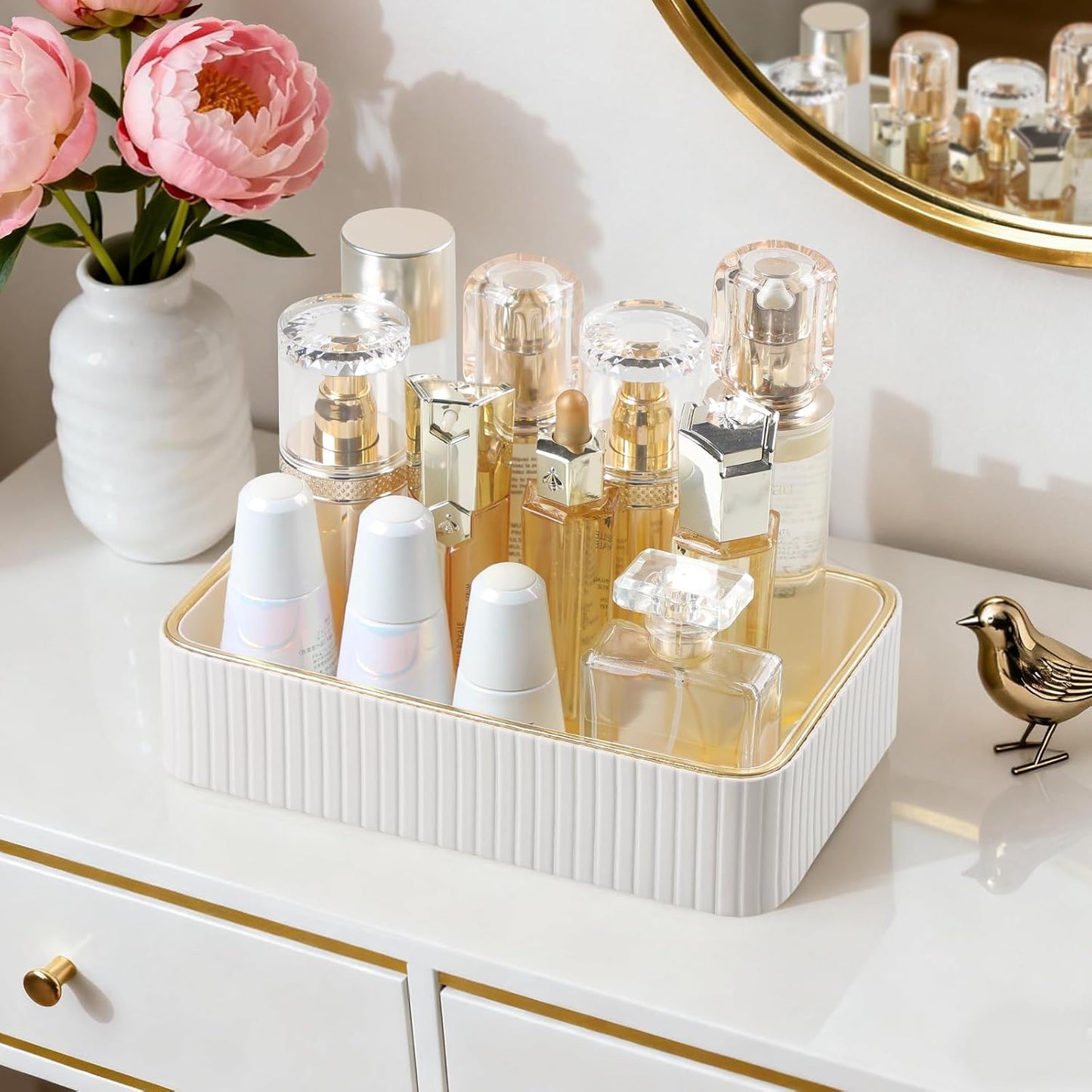 Desk Organizer Tray, PU Leather Nightstand Organizer Perfume Valet Tray for Men Women, Decorative Vanity Trays Trinket Dish Key Bowl for Entryway Table (2pcs, Ivory, Large+Small)