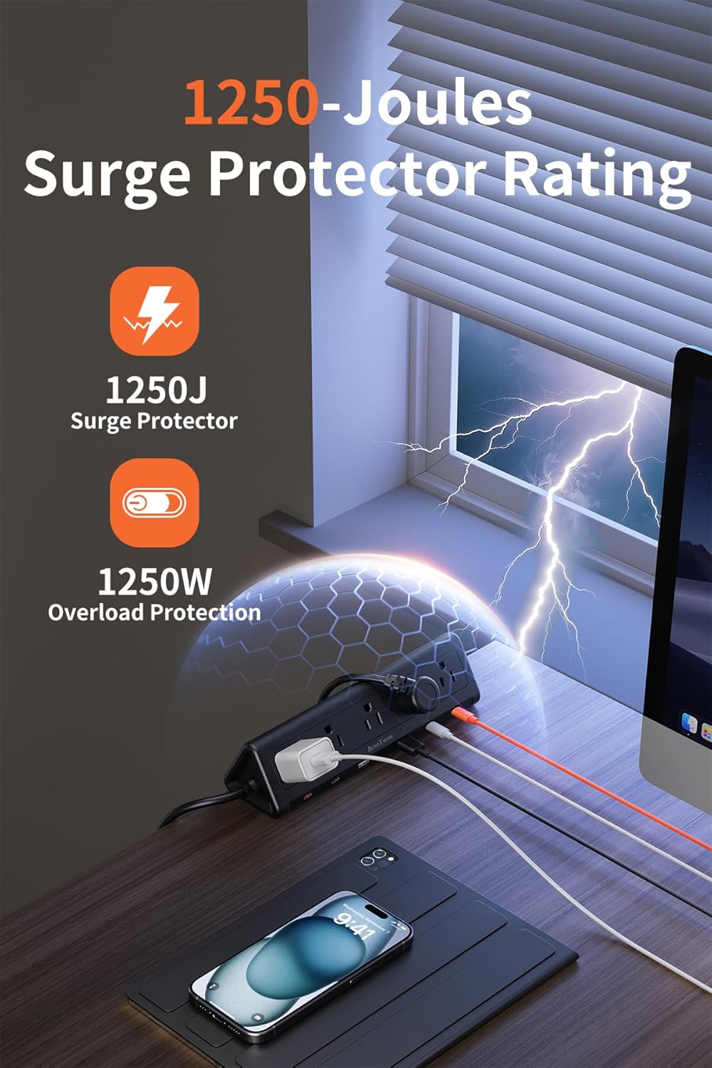 6.5 FT Desk Clamp Power Strip with 5 AC Outlets & 6 USB Ports PD 40W USB-C Fast Charging, 1250J Surge Protector, Fits 2.1 in top Edge Black