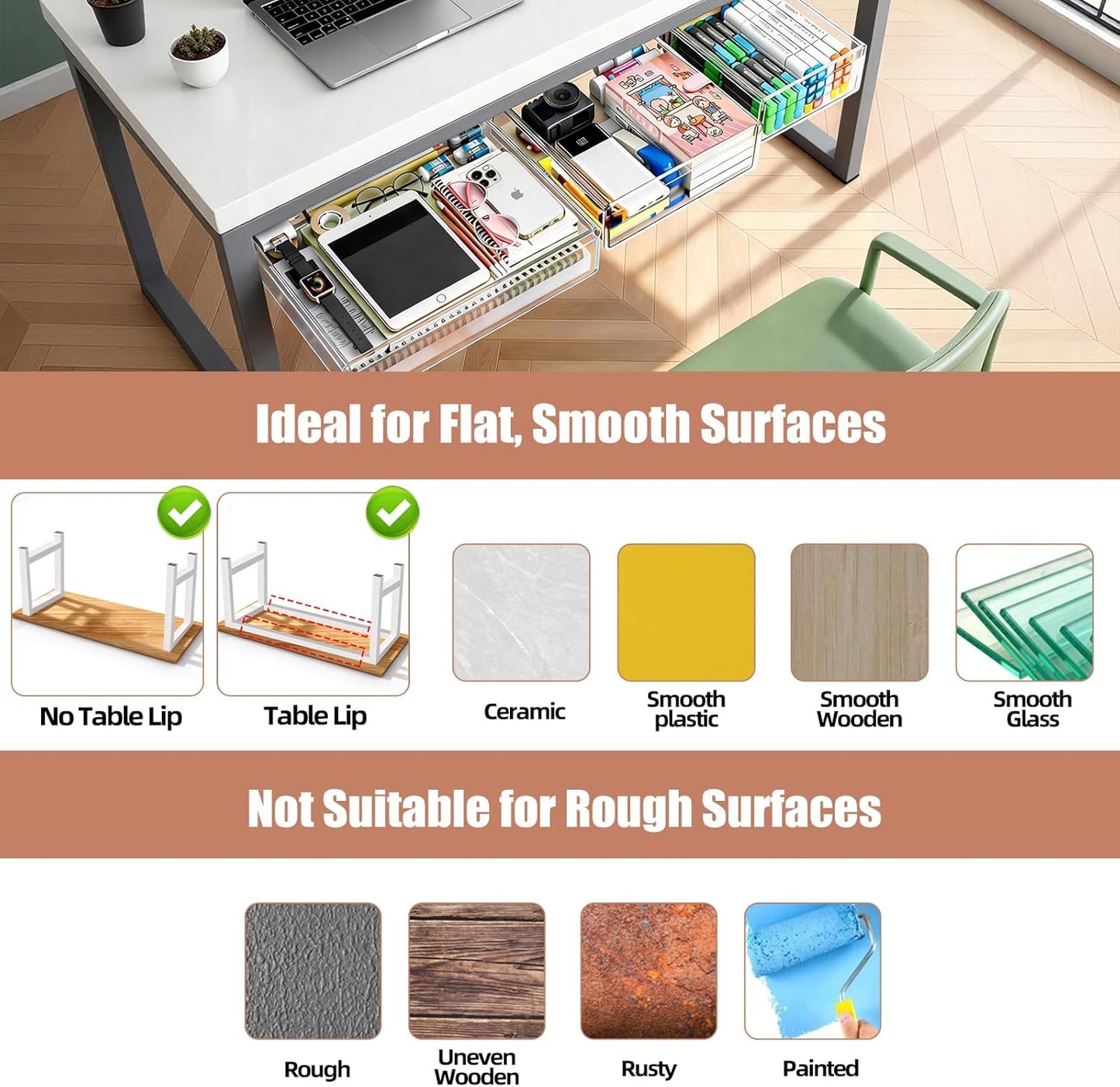 TooCust 3 Pack Under Desk Drawer Slide Out Storage Organizer, Clear White 3 Sizes (S/M/L), Dual-Mount Hidden Table Tray for Tablets, Planners & Office Supplies