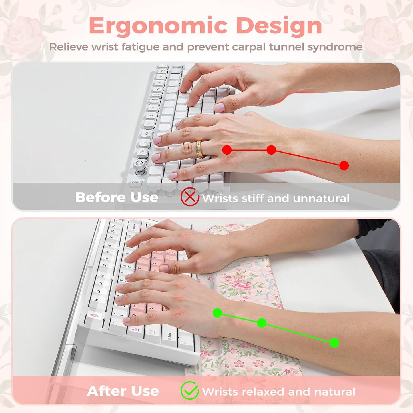2 in 1 Keyboard Stand for Desktop, Floral Wrist Support for Keyboards, Anti-Fatigue Memory Foam Wrist Rest for Computer, 3-Angle Adjustable Keyboard Riser for Office Home (Pink Bow)