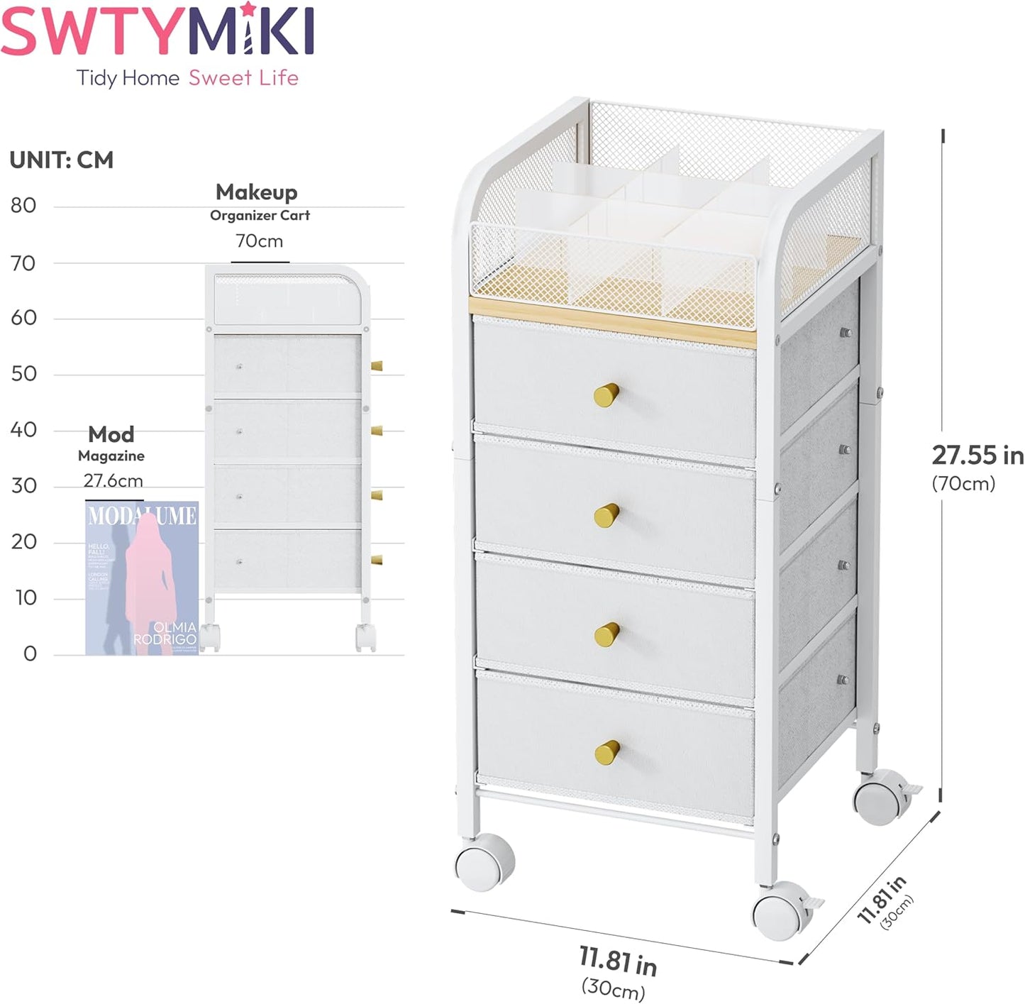 SWTYMIKI Rolling Makeup Organizer Cart - Under Desk Vanity Makeup Storage with 3 Non-woven Drawers, Nail Cart Organizer Cosmetic Display Cases Cabinet for Skin Care Perfume Nail Polish Brush Hair Tool