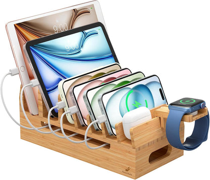 Pezin & Hulin Bamboo Charging Station for Multiple Devices with 5 Port USB Charger, 5 Cables and Watch Stand. Wood Desktop Docking Stations Organizer for Cell Phone, Tablet, Watch, Office Accessories