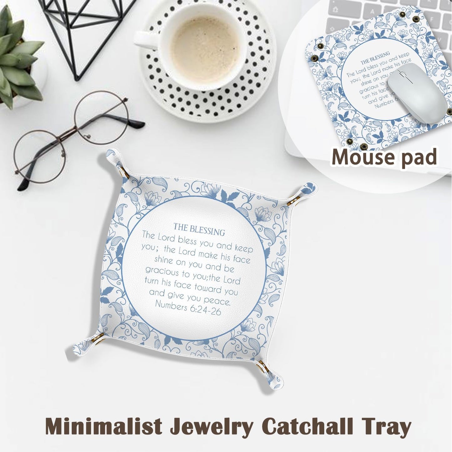 Inspirational Gifts for Women Jewelry Valet Tray, Motivational Positive Affirmations Gifts for Women, Blue Retro Nightstand Desk Accessories PU Leather Tray Organizer for Jewelry Rings Watches