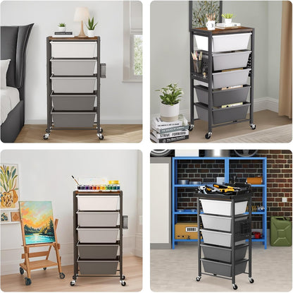 Rolling Cart with 3 Drawers, Plastic Drawer Storage Carts with Lockable Wheels & Wooden Tabletop, Metal Utility Cart Organizer, Office Bedroom Classroom Craft Organization and Storage, Bright White
