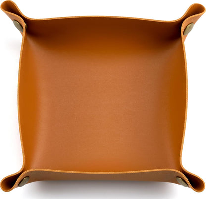 IFAMIO Decorative Foldable Valet Tray Artificial Leather Catchall Holder Small Desk Table Organizer Tray for Jewelry, Keys, Watches, Coins (Orange)