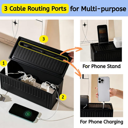 Cable Box - [142Pcs] Cable Management Kit, Medium Cord Hider Box to Conceal Power Strip Holder on Desk or Floor, Under Desk Cable Management Kit Cable Organizer Box, TV Cord Organizer Box, Black