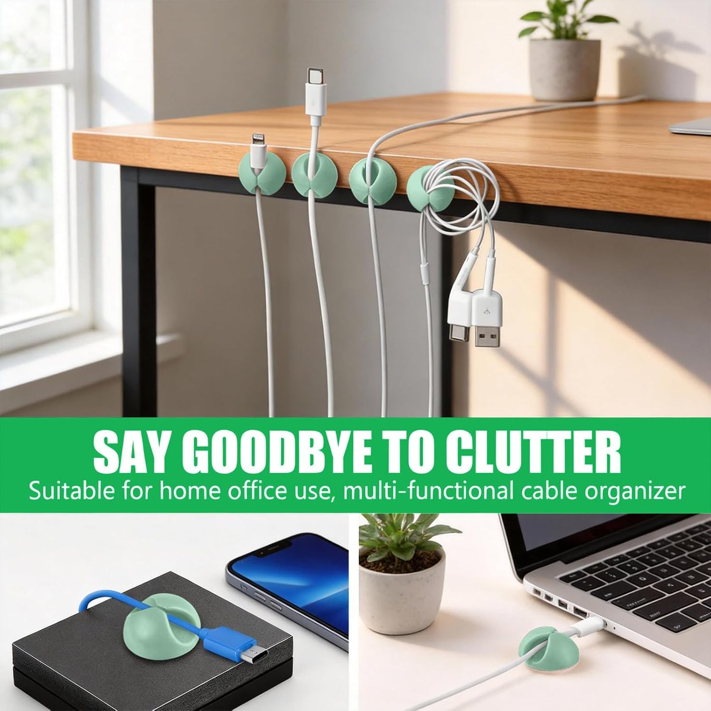 3PCS Cord Holder Cable Clips, Round Silicone Adhesive Cord Organizer Charger Holder Wire Management Keeper for Home, Nightstand, Desk, Office or Mouse, Light Green