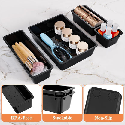 SpaceHacks 25 PCS Plastic Drawer Organizer Set, 4-Size Versatile Organizer Tool Trays & storage Bins for Makeup, Jewelry, and Gadgets in Bathroom, Bedroom and Office,Clear Black