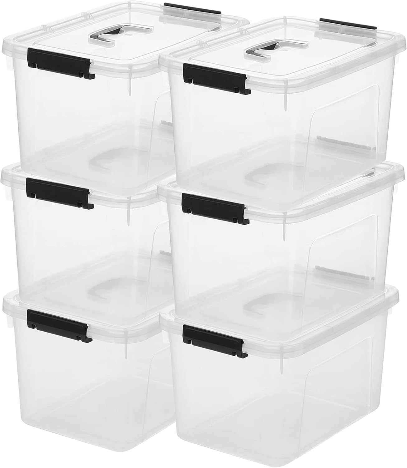Stackable Plastic Black Storage Bins with Lids 6 Pack, 12 Quart Modular Organizer Boxes with Secure Latches for Closet, Pantry, Office and Small Item Storage