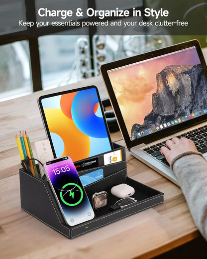 Fast Wireless Charging Station with Desk Organizer for iPhone 17/16/15/15 Pro/14/14 Pro Max/14 Pro/14 Plus/13/13 Pro Max/13 Pro/and iPhone 12/11 Series, Nightstand Desktop Organizer, Brown