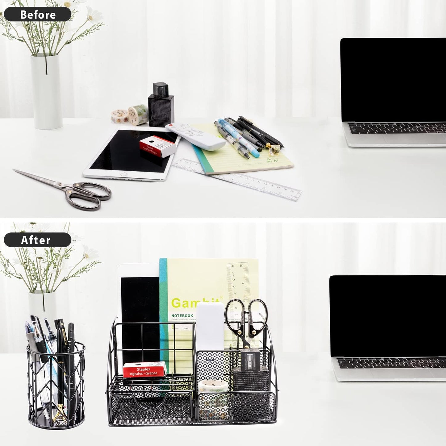 KAAKOW Gold Desk Organizers and Accessories Office Supplies Set Stapler, Pen Holder, Phone Holder, Scissors, Pen, Ruler, 30 Paper Clips, 22 Binder Clip, 20 Tacks and 1000pcs Staples (Gold)
