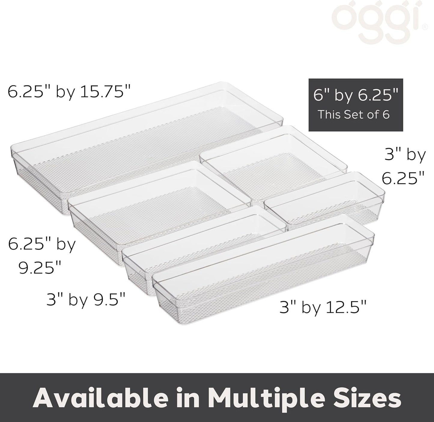 Oggi Clear Drawer Organizer - 3" X 9.5" (Set of 6) - Ideal for Organizing Kitchen Drawers, Office, Desk, Silverware, Kitchen Utensils, Cosmetics and Bathrooms