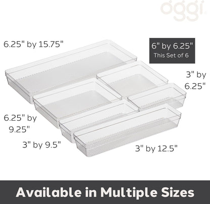 Oggi Clear Drawer Organizer - 3" X 9.5" (Set of 6) - Ideal for Organizing Kitchen Drawers, Office, Desk, Silverware, Kitchen Utensils, Cosmetics and Bathrooms