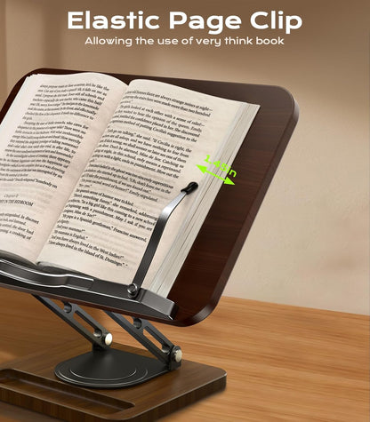 Book Stand for Reading, Adjustable Book Holder with 360°Rotating Bases, Ergonomic Cookbook Stand Recipe Book Holder with Elastic Page Clips for Magazines, Tablets, Laptops,Black