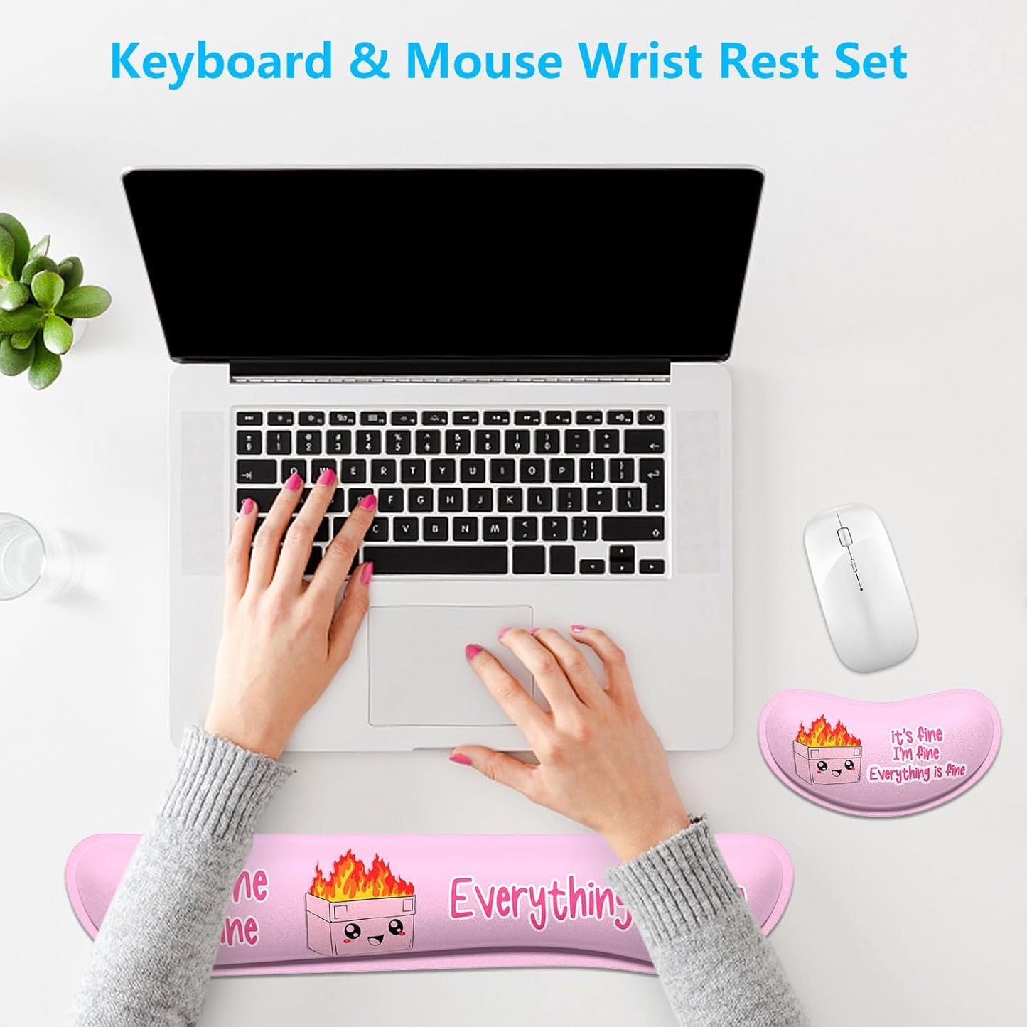 Dapesuom Enlarge Keyboard Wrist Rest, Memory Foam Wrist Cushion for Desk Mats Support, Cute Pain Relief Keyboard Mouse Pad Rests Set with Non-Slip Base for Gaming Laptop Office Computer, Green Leaf