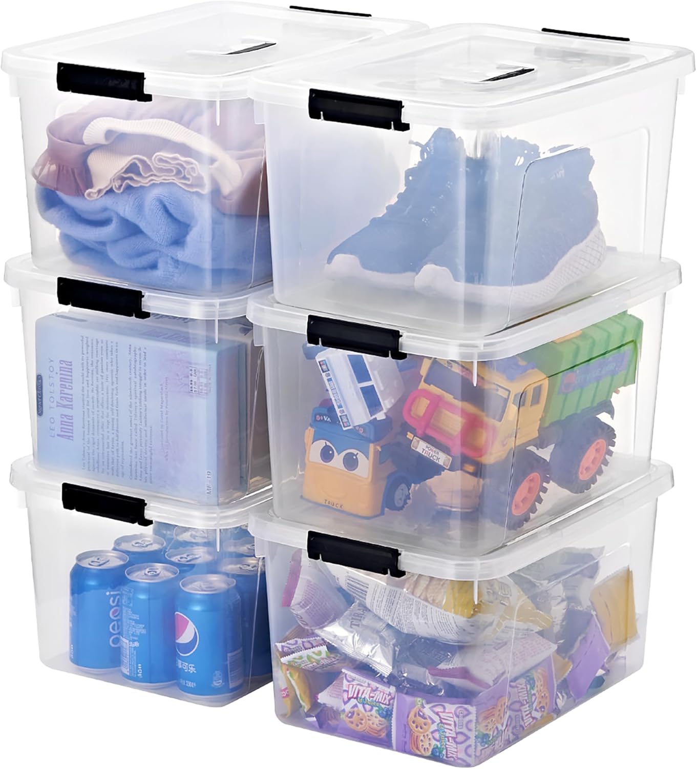 Stackable Plastic Black Storage Bins with Lids 6 Pack, 12 Quart Modular Organizer Boxes with Secure Latches for Closet, Pantry, Office and Small Item Storage