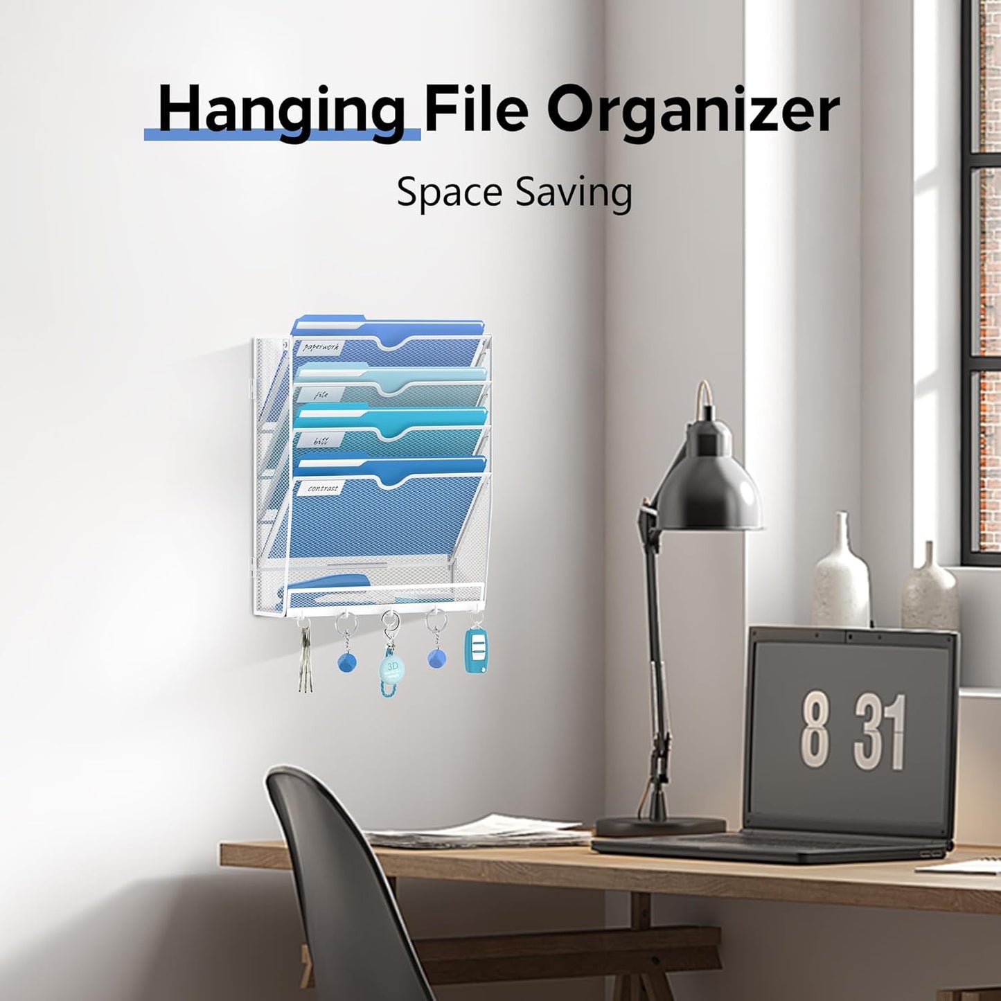 5 Tier Wall File Organizer - Hanging File Organizer with 5 Hooks, Mail Holder Wall Mounted for Papers, Folders, Magazines, Bills, Office&School Organization, Black