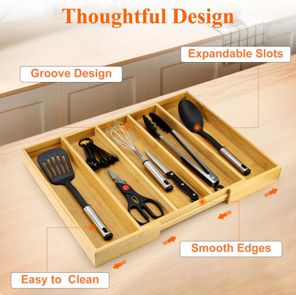 Large Bamboo Silverware Drawer Organizer Tray Kitchen Tool Drawer Divider Organizers Storage Expandable Cooking Utensil Organizer Wooden Cutlery Tray Spoon Flatware Organizers Utensil Holder Drawers