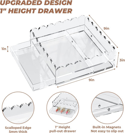 Scalloped Acrylic Tray, 9 x 9 Inch Upgraded 1" Height Insert Drawer Tray for Makeup Bathroom Vanity Organized, Square Clear Display Tray for Photo Needlepoint Decor Acrylic Storage Tray