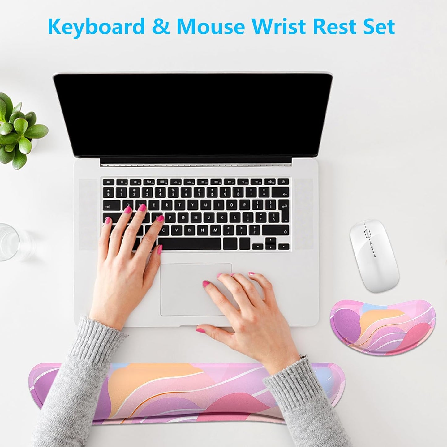 Dapesuom Enlarge Keyboard Wrist Rest, Memory Foam Wrist Cushion for Desk Mats Support, Cute Pain Relief Keyboard Mouse Pad Rests Set with Non-Slip Base for Gaming Laptop Office Computer, Green Leaf