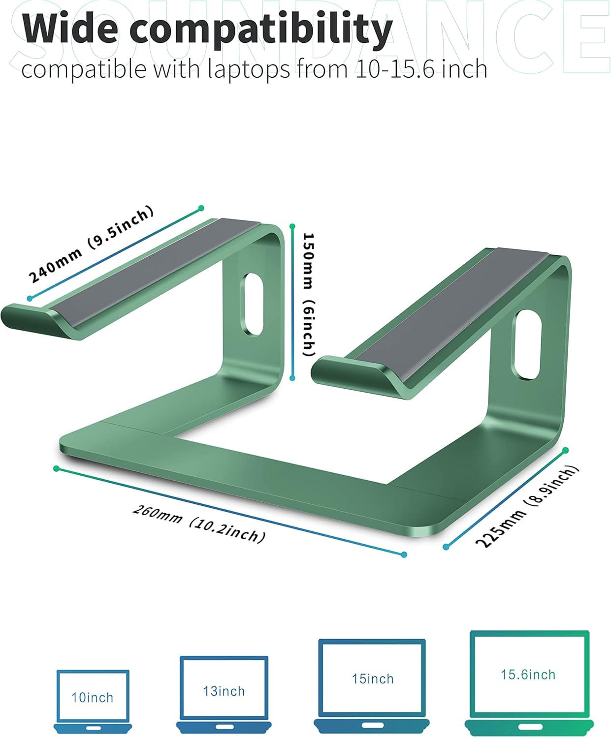 SOUNDANCE Laptop Stand, Aluminum Computer Riser, Ergonomic Laptops Elevator for Desk, Metal Holder Compatible with 10 to 15.6 Inches Notebook Computer, Silver