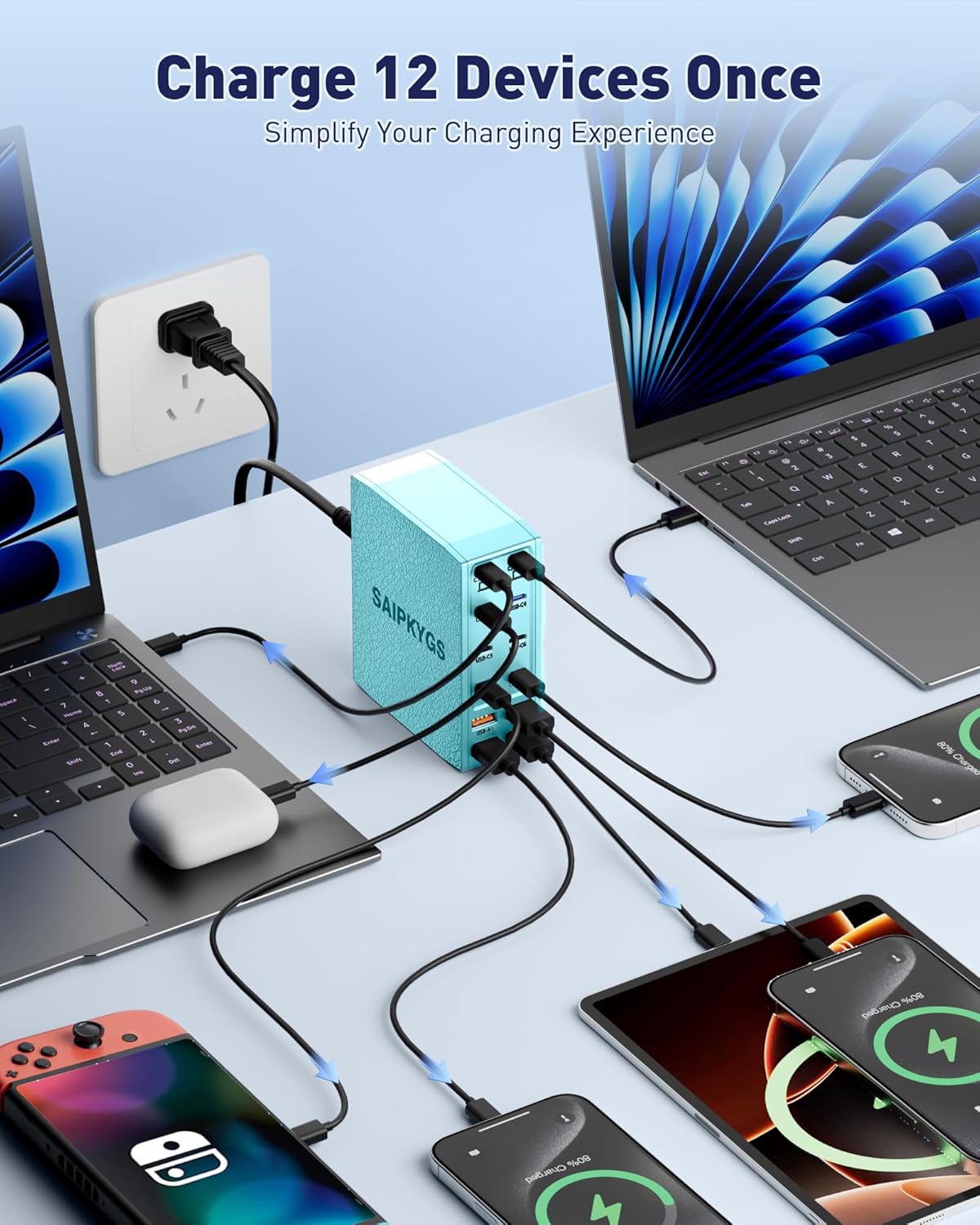 USB Charging Station (900W),12-Port USB C Charger Block with Dual 100W PD USB-C Fast Charging Station Hub for MacBook Pro/Air/All iPad Phone 17/16 15/14/13/Pro Max/Samsung Galaxy Note (Black)
