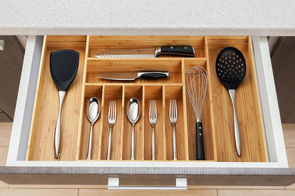 Umilife Bamboo Kitchen Drawer Organizer, 13 Inch Silverware Utensil Tray Holder, Extra Deep Grooved Drawer Divider, 7 Slots Total Bamboo Wood Caddy for Flatware Cutlery Knives, Forks, Spoons