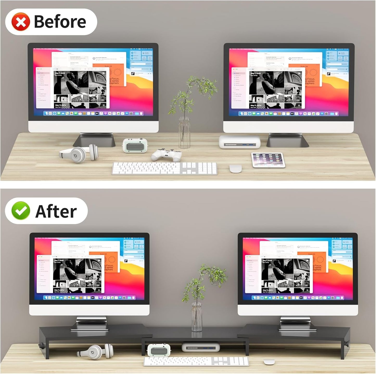 Pholiten Monitor Stand Riser, Desktop Stand, Computer Stand, Ergonomic Design, Two-Level Design, Desktop Organization, Keyboard Smartphone Storage, Printer Stand, Display Stand, 16.5 x 9.3 x 5.6