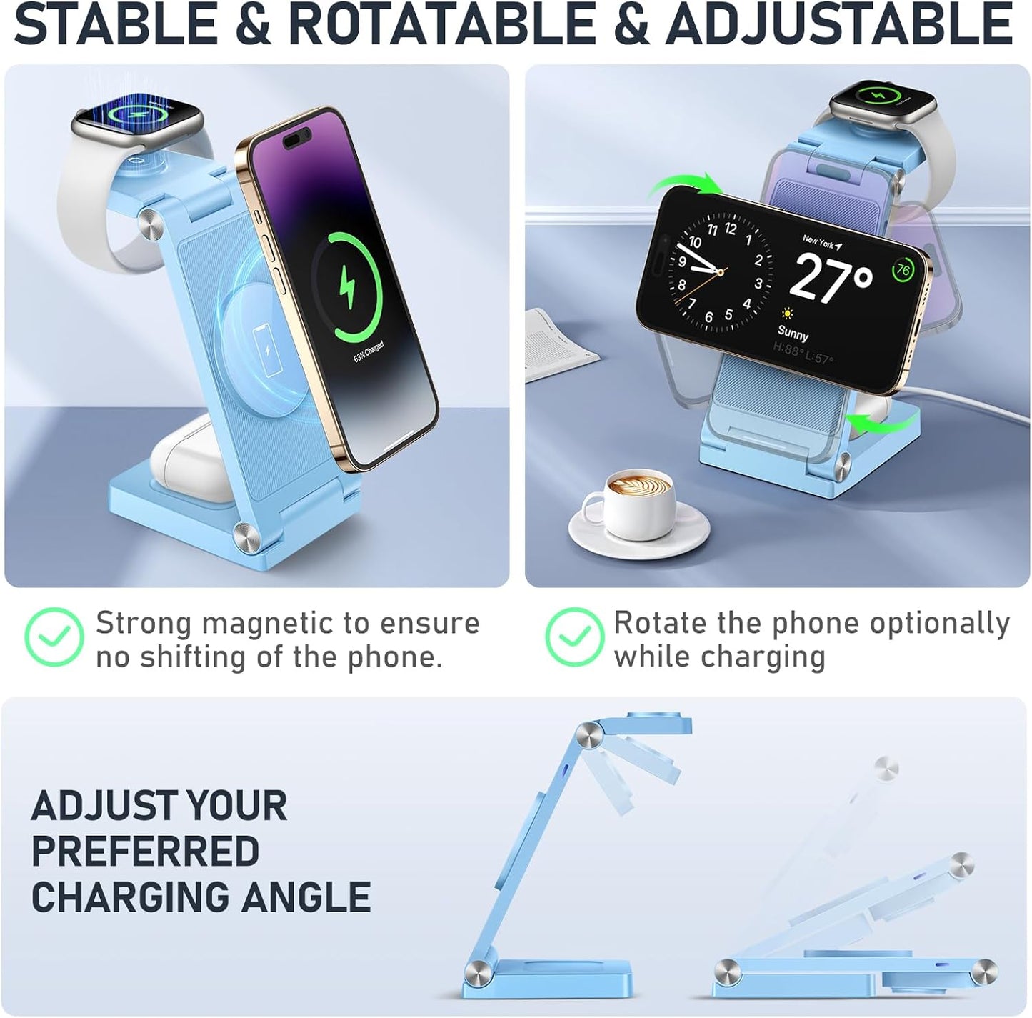 Magnetic Wireless Charger Stand, 3 in 1 Foldable Wireless Charging Station with 20W Adapter, Travel Charger for Multiple Devices for iPhone 17 16 15 14 13 12 Pro/Max/Plus/Mini, iWatch, AirPods