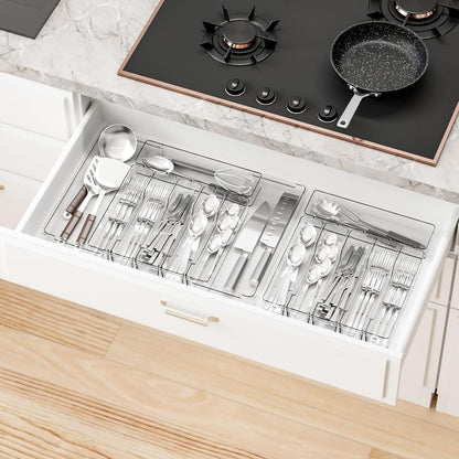 Yieach Clear Expandable Silverware Drawer Organizer - Adjust From 11'' to 22'' - Knife,Cutlery,Spoons and Forks Organizer,Large 8 Grid Flatware,Silverware Tray,Utensil Organizer for Kitchen Drawers