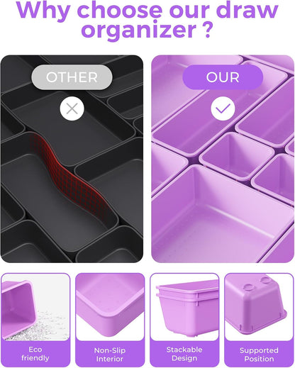 BiuLeon 25 PCS Plastic Drawer Organizers Set, 4-Sizes Vanity and Makeup Organizer, Desk and bathroom Drawer Organizer Trays, Organizers and Storage for Makeup, Jewelry, Gadgets, Utensils (Pink)
