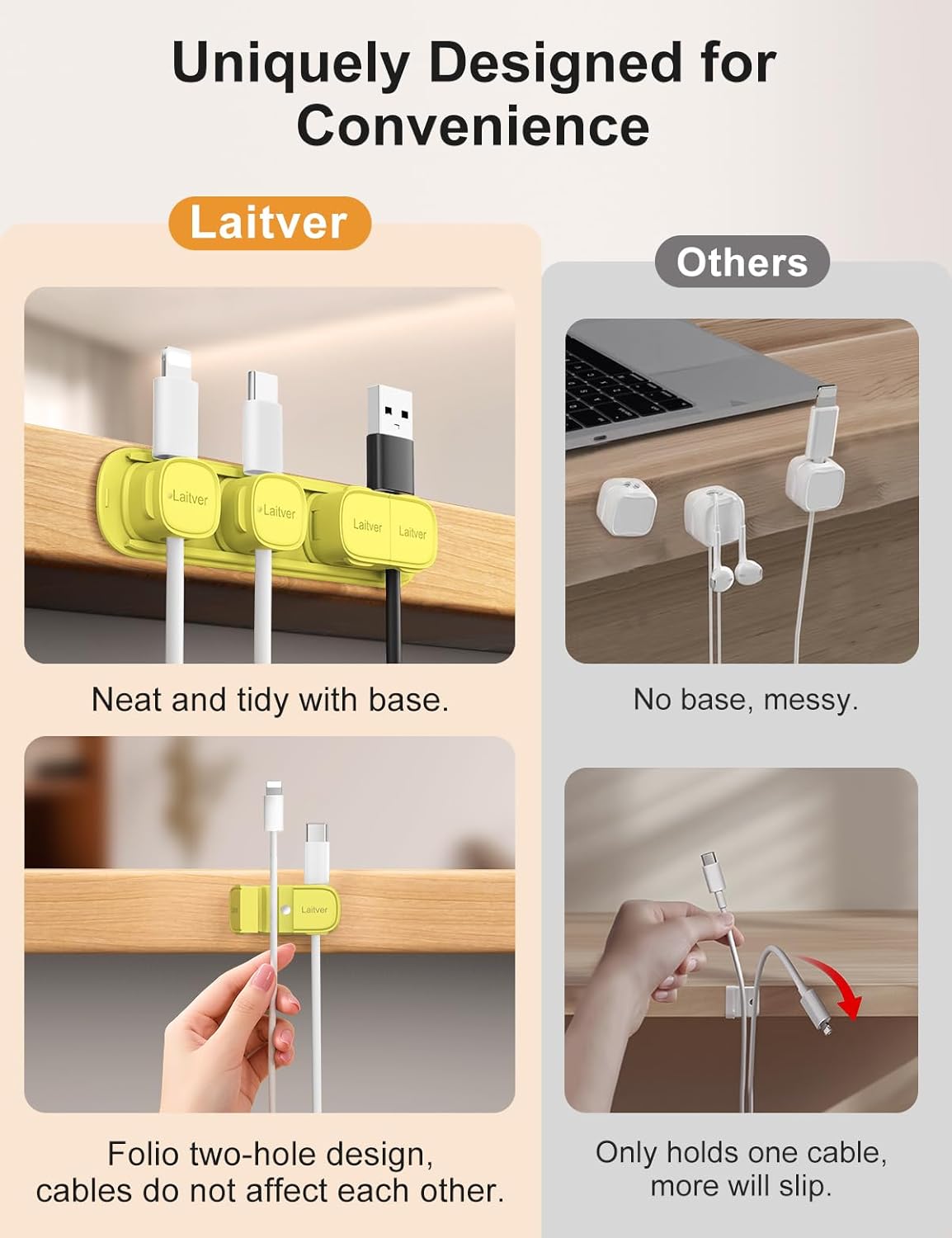 6 Pack Magnetic Cable Clips [1s Open/Lock], Laitver Cord Organizer Holder Strong Adhesive Desk Cable Management- Organize Charging Cords Neatly for Home, Office, Car,Desk, Nightstand