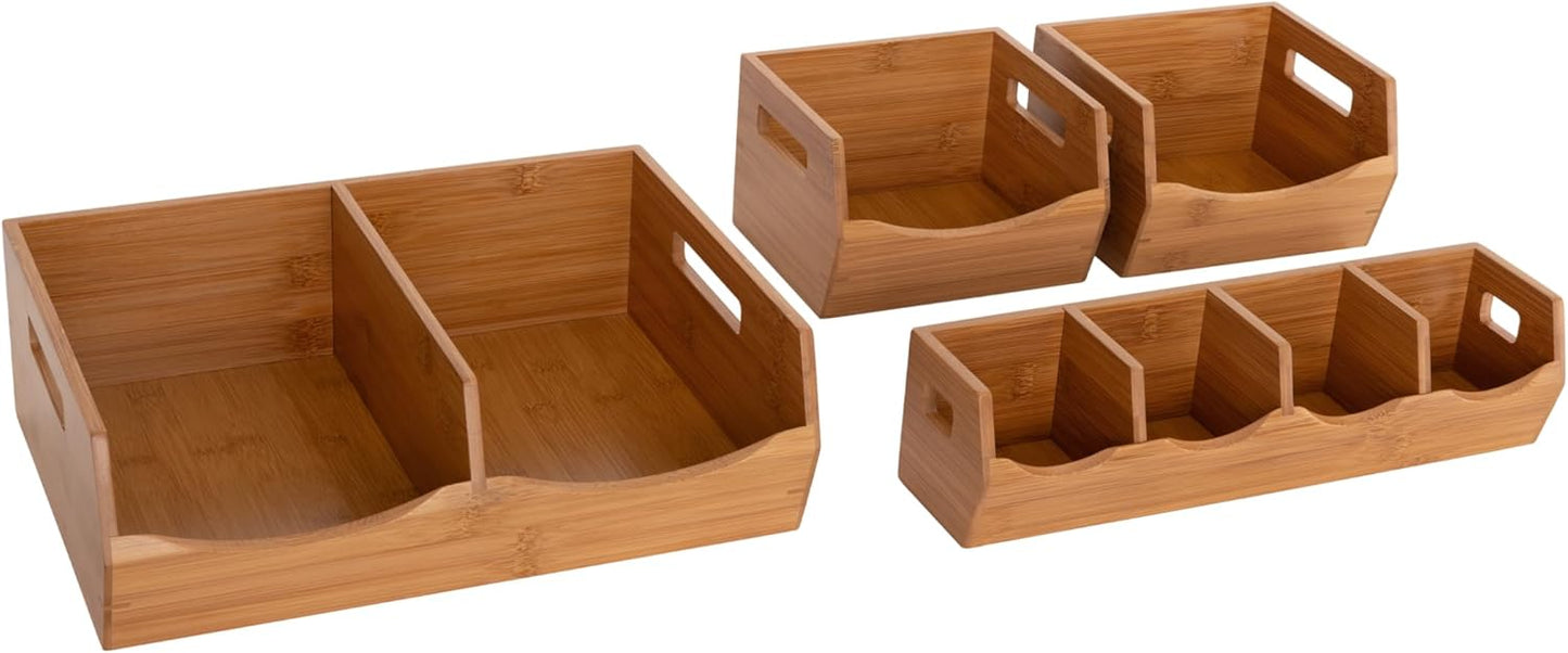 Seville Classics Bamboo Premium Organizer Storage Bins for Kitchen Silverware, Pantry, Closet, Office Desk, Pens, Utensils, Makeup, K Cup, Bamboo, Bag Holder Bin Set (4 Piece)