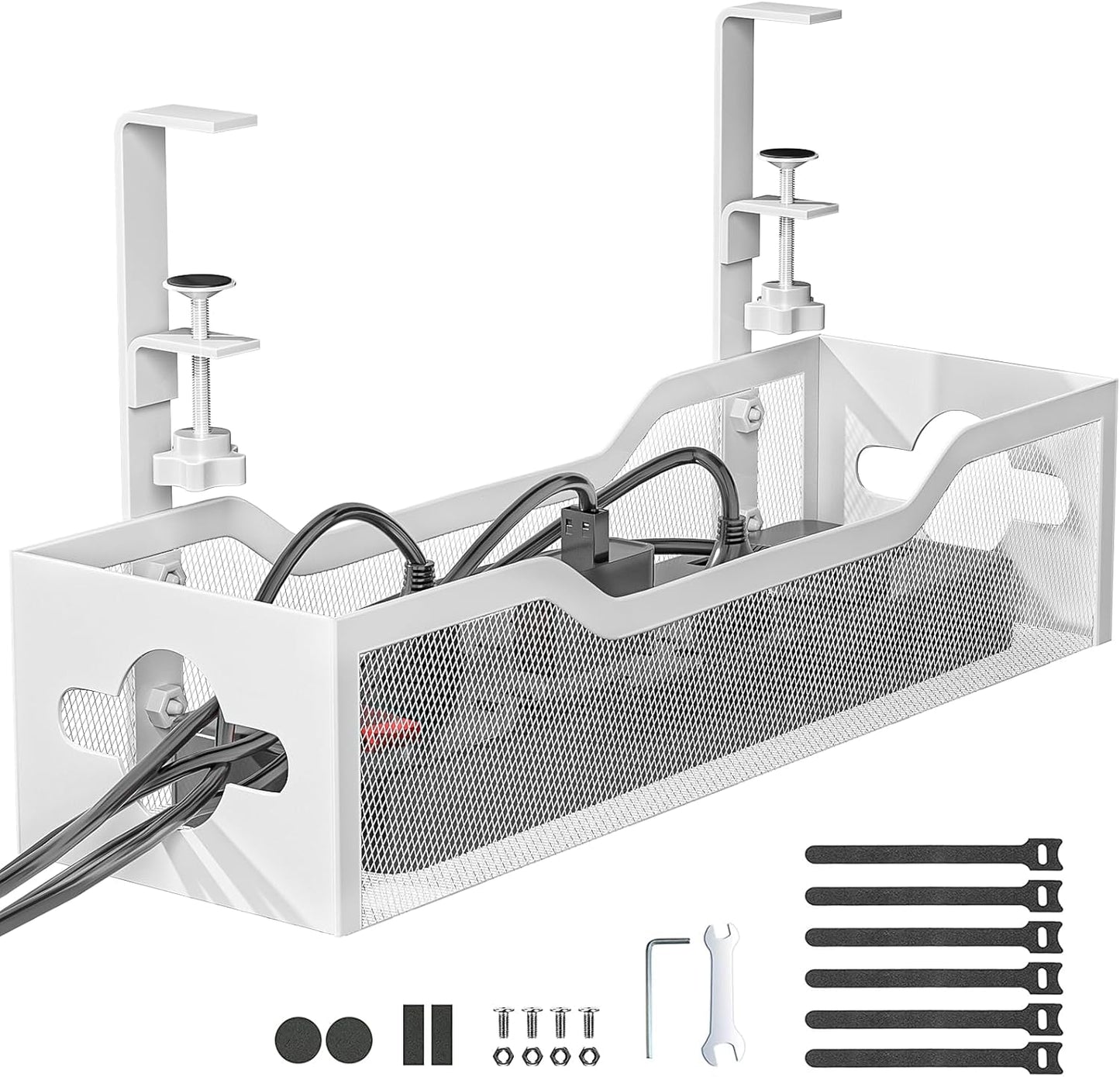 Under Desk Cable Management Tray No Drill, Metal Mesh Cable Management Under Desk with Clamp Mount, 2 Hole Cable Tray with Wire Management and Cord Organizer for Home Office Standing Desk