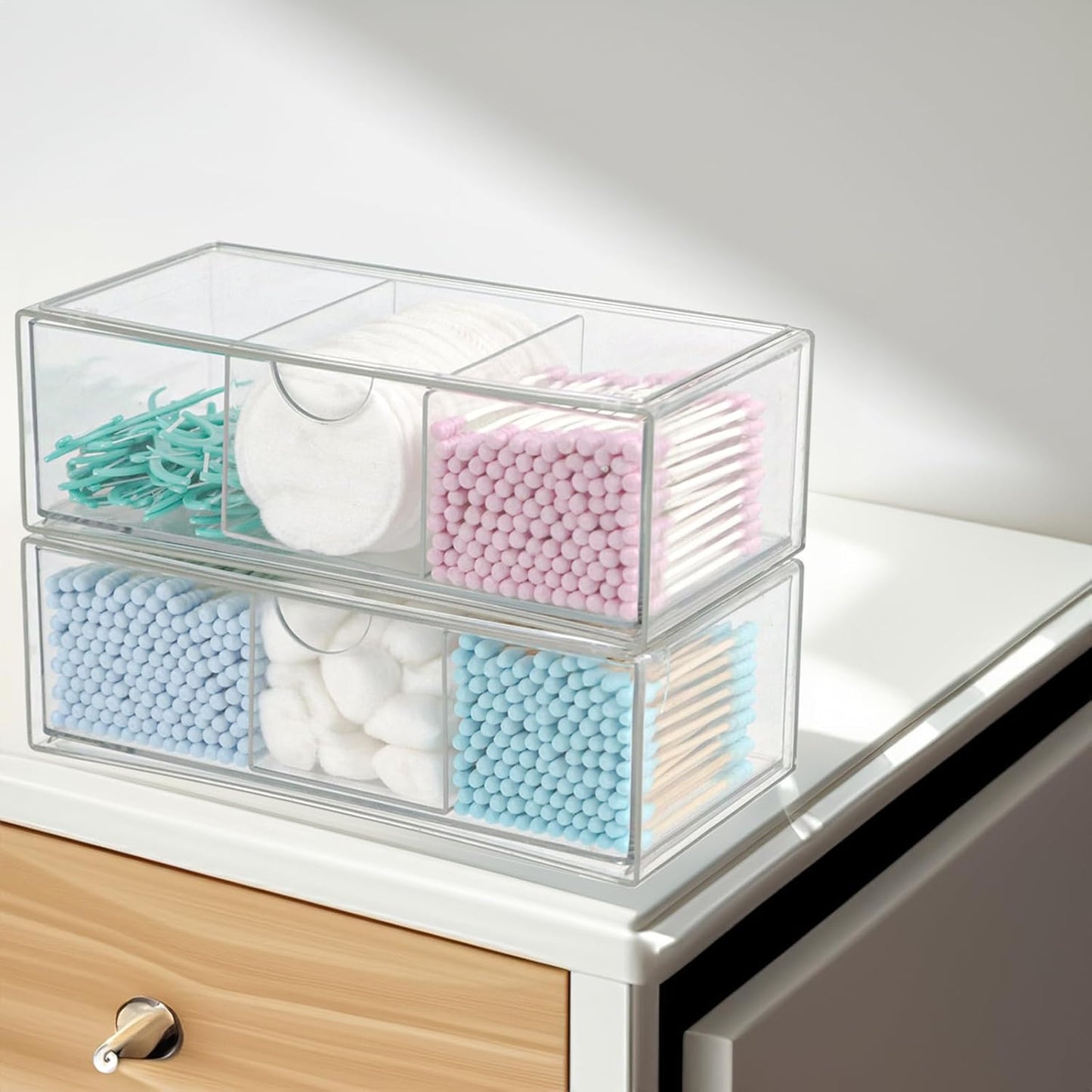 Set of 2 Stackable Storage Drawers - 6.7" Clear Plastic Drawer Storage, Acrylic Makeup Organizer, Desk Counter Cabinet Office Organizer, Bathroom Organizers and Storage (Modern/Set of 2)