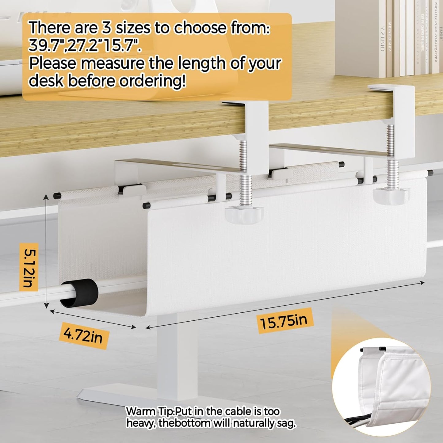 Under Desk Cable Management Tray 27.2" - No Drill Computer Wire Organizer Cable Tray, Cord Hider Clamp Mount with 16X Cable Ties PC Cables Management Cord Holder for Office/Home (Upgrade Fabric,White)