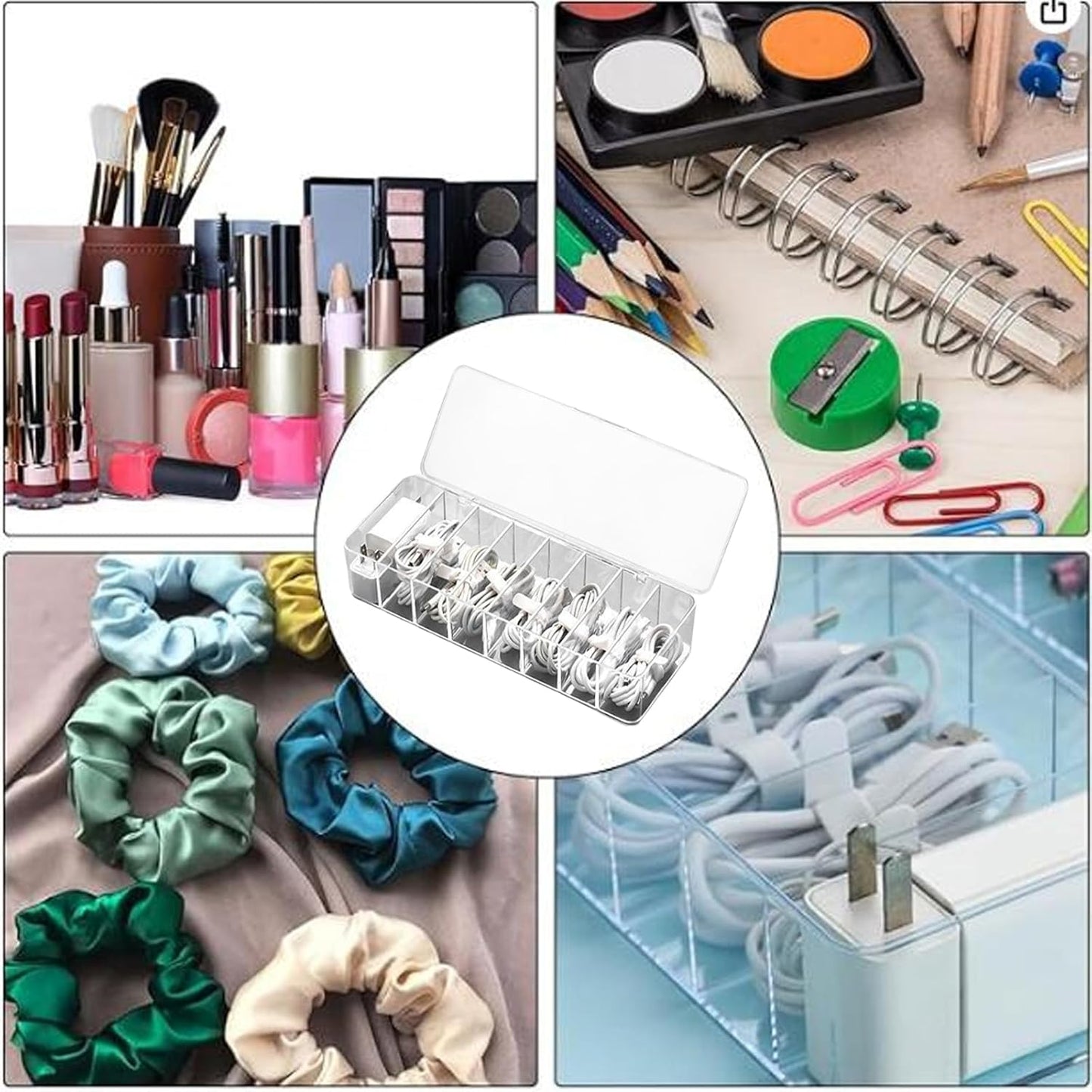 4 Pcs Cable Organizer with 40 Pcs Wire Ties, PlasticCord Storage Box with Clear Lid Electronics Cable Box for Home Office Supplies, Desk Organizers Accessories