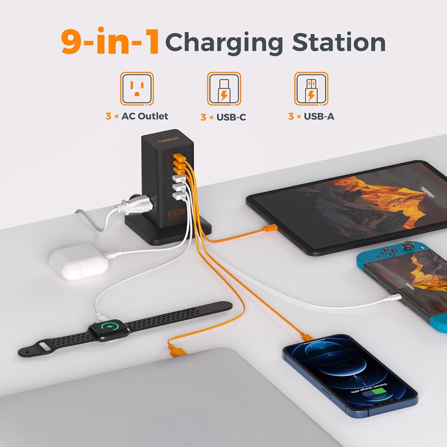 Charging Station for Multiple Devices, TESSAN 9-in-1 USB C Power Strip for iPhone 17/16/15, MacBook, Tablet, Desktop Phone Fast Charger with 3 AC, USB Charger, Home Drom Office Accessories, White-65W