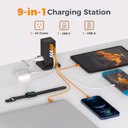 Charging Station for Multiple Devices, TESSAN 9-in-1 USB C Power Strip for iPhone 17/16/15, MacBook, Tablet, Desktop Phone Fast Charger with 3 AC, USB Charger, Home Drom Office Accessories, White-65W