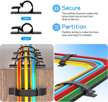 XHF 100pcs Adhesive Cable Wire Clips Black, Outdoor Cable Management Wire Organizer Cord Holder for Under Desk, Car, Wall, TV PC Ethernet Cable