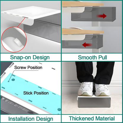 SVNNELP Under Desk Table Drawer Storage Organizer, Slide Out Drawer with 4 Compartments Divider,Pencil Storage Self-Adhesive Tray Under Table (M/Clear Black+White)