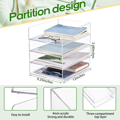 Harloon 4 Tier Paper Organizer Letter Tray Acrylic Desk File Organizer Heavy Duty Stackable Documents Clear Letter Paper Holder Sorter Office Tray for A4, Office Classroom Home File Pad Notebooks