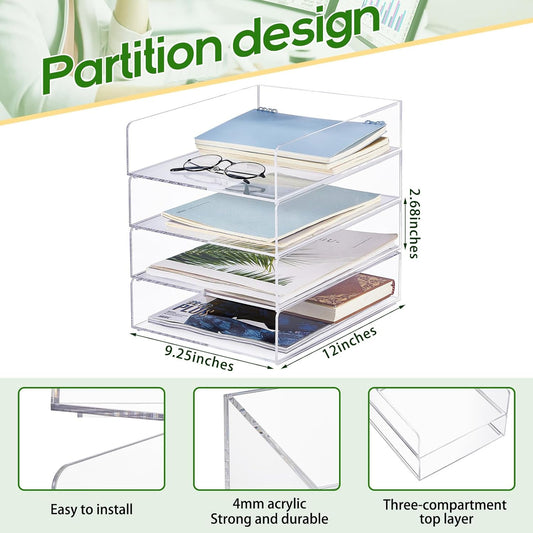 Harloon 4 Tier Paper Organizer Letter Tray Acrylic Desk File Organizer Heavy Duty Stackable Documents Clear Letter Paper Holder Sorter Office Tray for A4, Office Classroom Home File Pad Notebooks