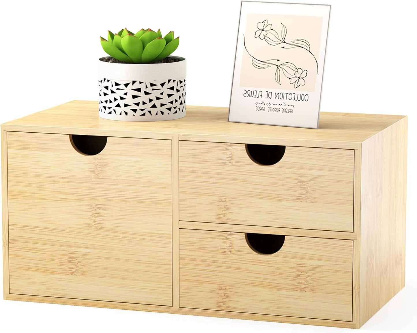 Wisuce Desk Organizer with Drawers - Bamboo Desktop Organizer Storage Natural Wood Desk Drawers Organizer for Bills, Office Supplies, Cosmetics, Seals No Assembly Required 3 Drawers（left-right)