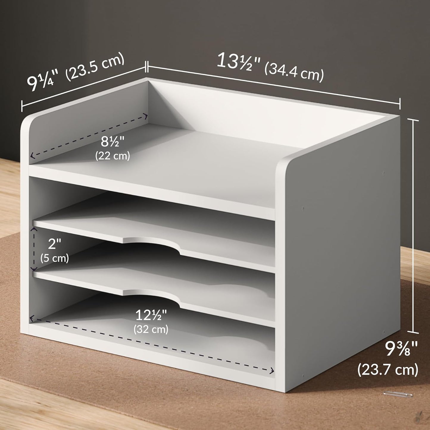 Ballucci File Organizer, 2-Tier Document Paper Sorter, Stackable Wood Desk Organizer Mail Holder, Monitor Stand with Storage Shelves, White