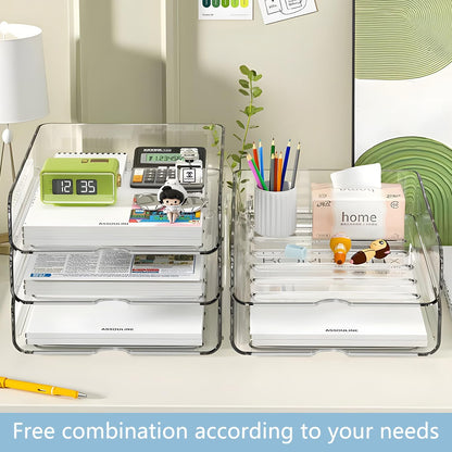4-Tier Paper Organizer for Desk, Stackable Desk Organizer Paper Tray, Ideal for Office Supplies, A4 Storage (Clear, 4-Tier)